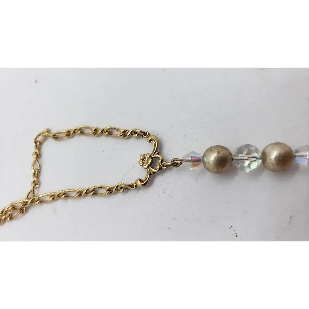 Vintage Gold Tone Chain Necklace Faux Pearl Aurora Borealis Crystal Beads LONG